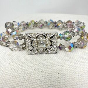 Sparkling Aurora Borealis AB Crystal Bead Bracelet Ornate Rhinestone Clasp